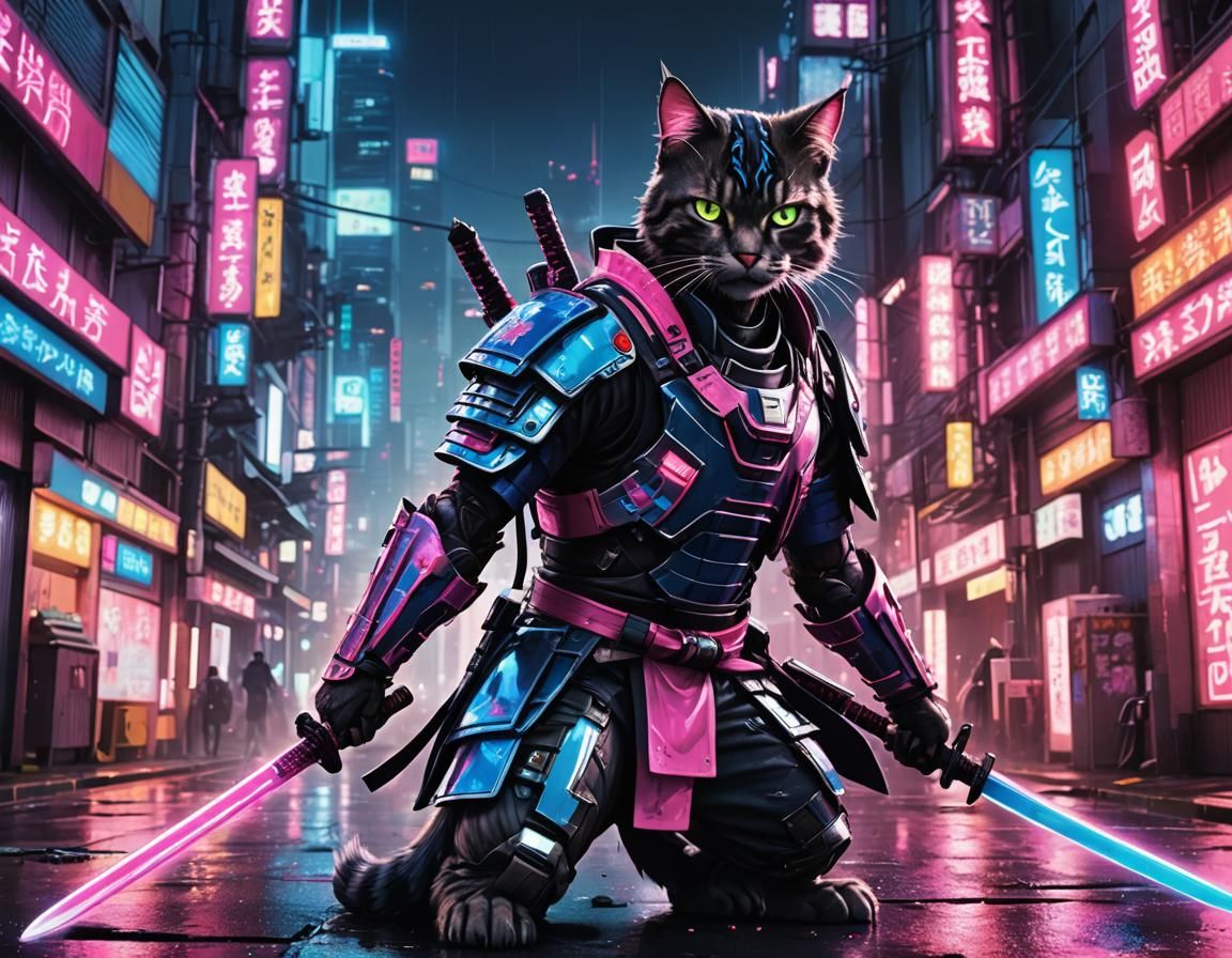 Cat Samurai Battle in Cyberpunk Anime Style
