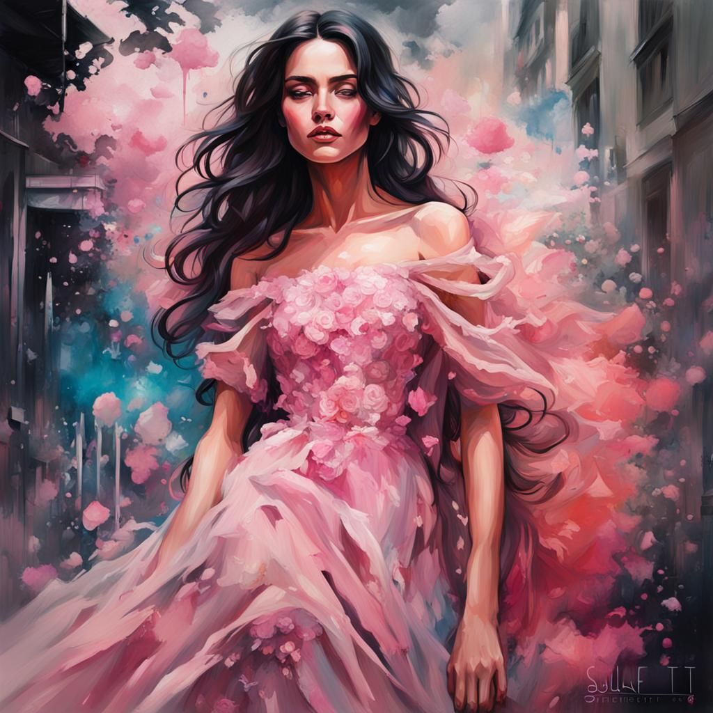 Beautiful Woman in Rose Gown, Graffiti Art Style