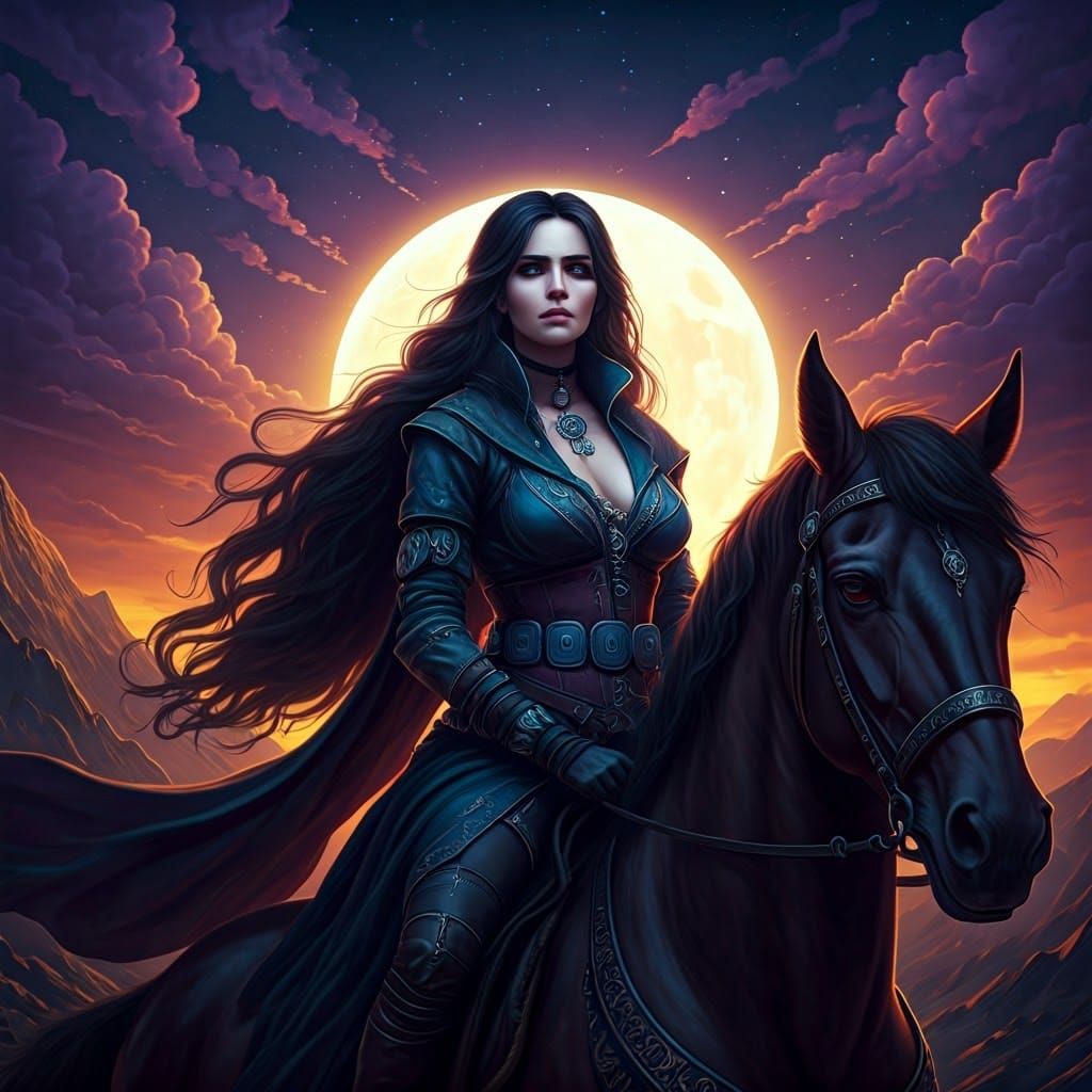 Yennifer the Sorceress on Horseback in Fantasy Landscape
