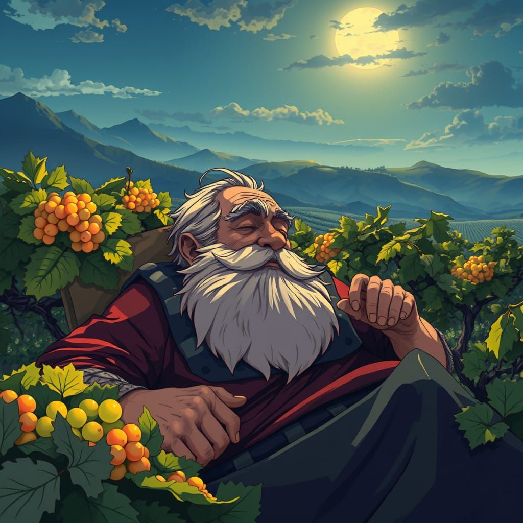 A Patriarch's Slumber in a Vibrant Vineyard, in Anime Style
