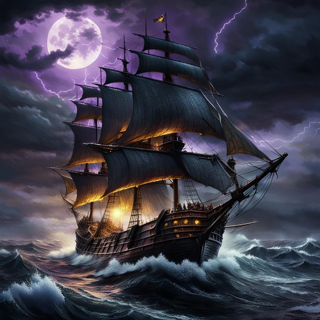 Medieval Warship Navigates Stormy Seas: Dark Fantasy Art