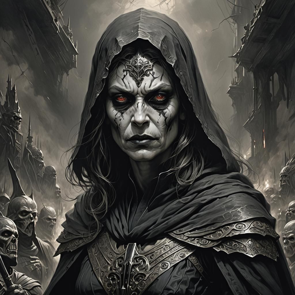 An evocative portrayal woman 40 years old of a formidable Sith warrior, her face showing the hatred and corruption of th...