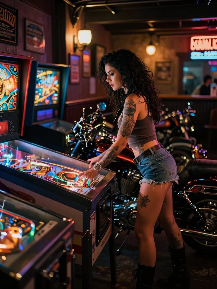 Tattooed Biker Woman Plays Pinball in Harley Bar