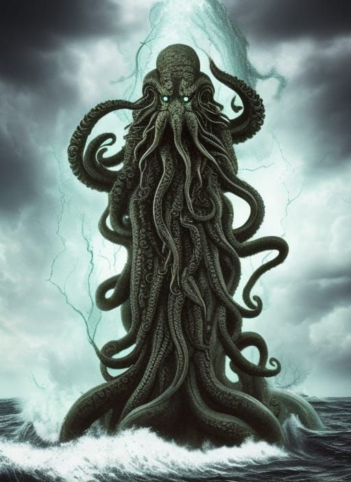 Cthulhu Emerges from Boiling Ocean with Monolith