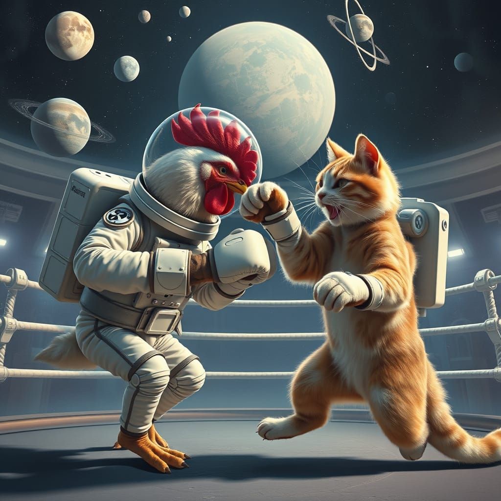 Chicken and Cat Boxing in Space, Futuristic Art
