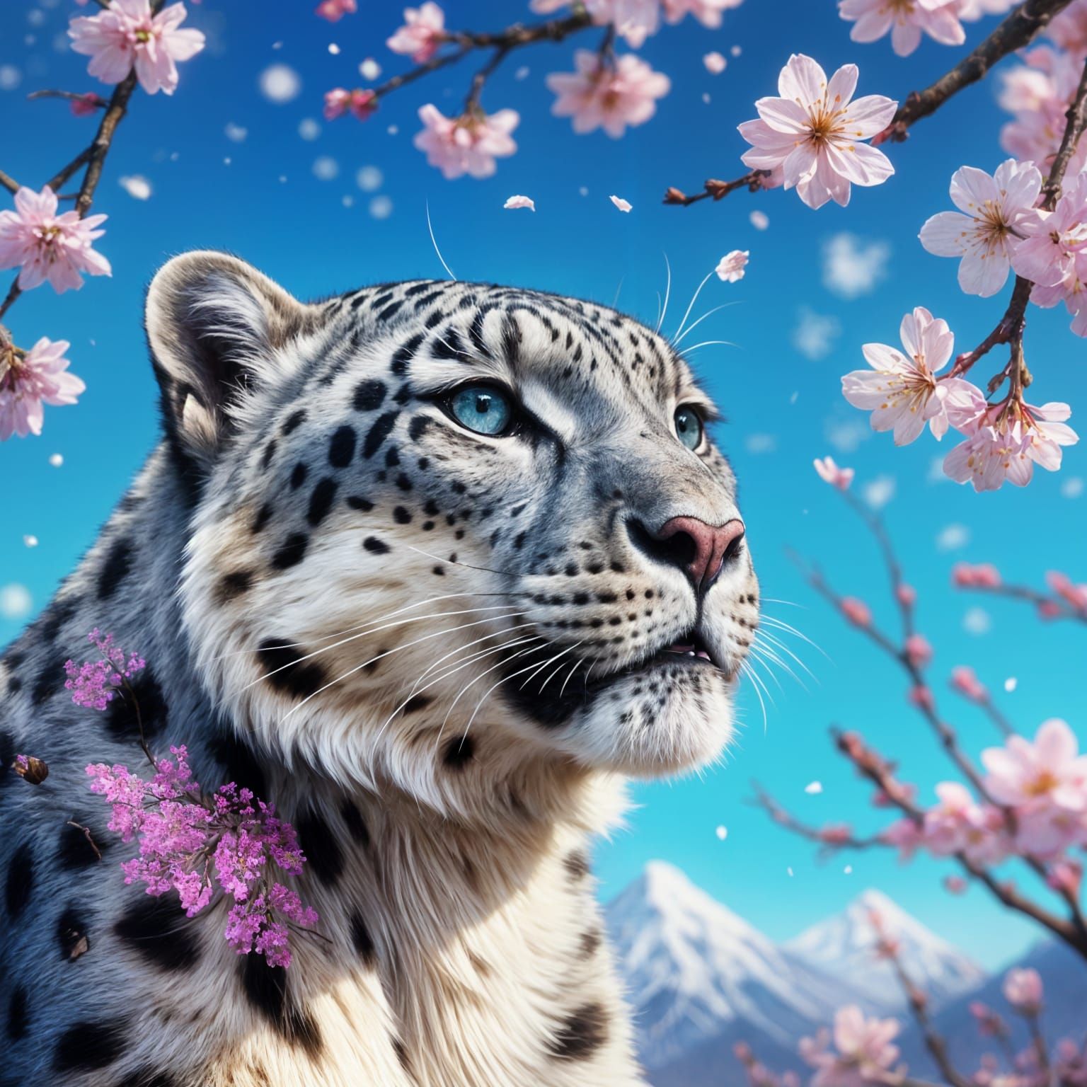 Snow Leopard in Cherry Blossom Setting, Detailed Matte Paint...