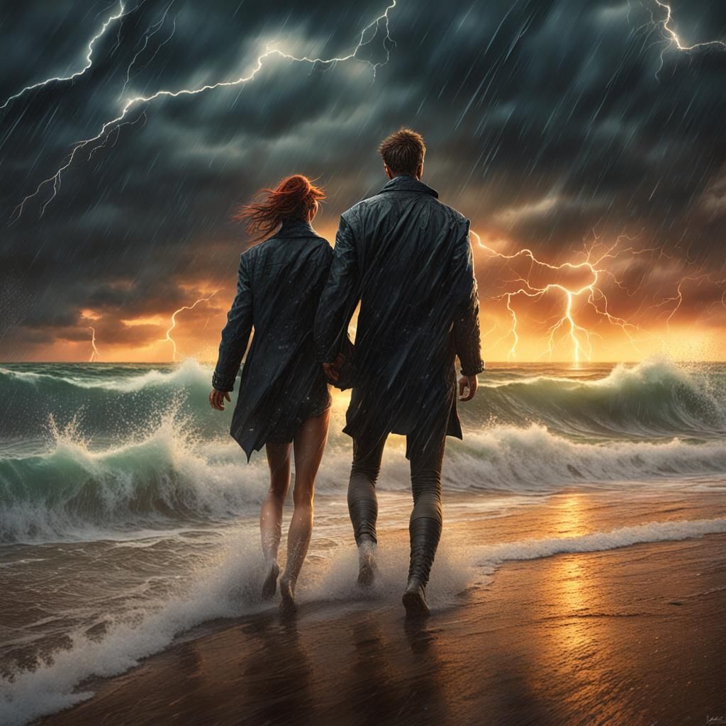 Lovers Fleeing Storm on Beach, Fantasy Concept Art