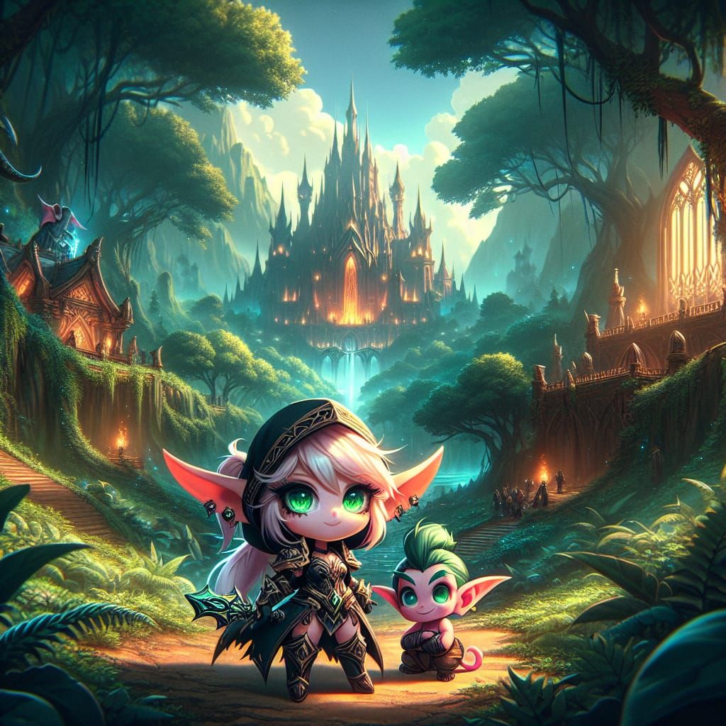 Gnome Warlock and Imp in Burning Forest, Chibi Anime Style