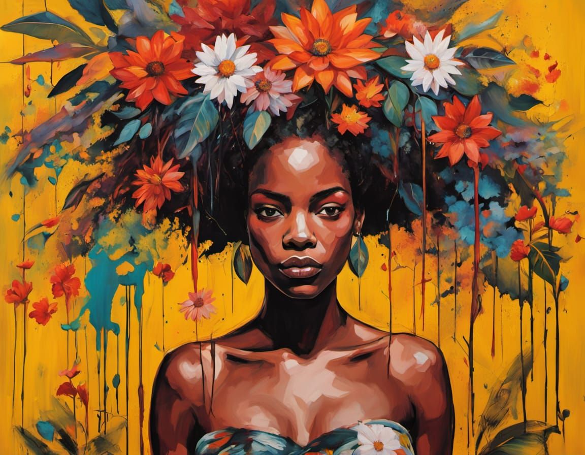 Expressive Painting of Woman in Floral Field, Basquiat Style