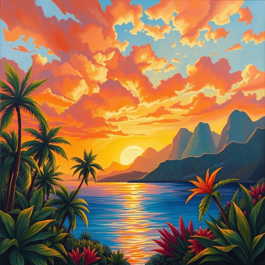 Golden Paradise at Sunset, Neo-Impressionist Oil Painting