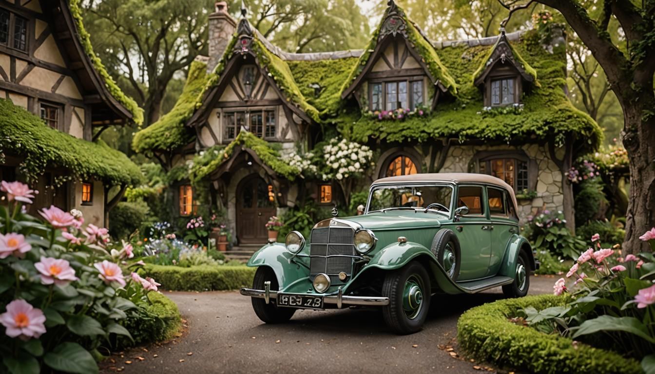 Elven Cottage and Classic Car in Magical Realism