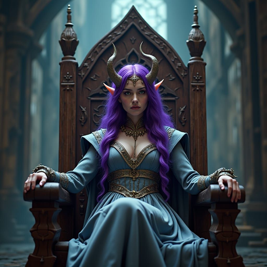 Elf Queen with Purple Hair on Throne