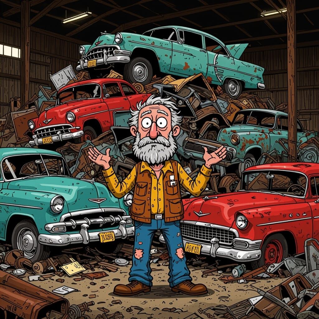 Jalopy Joe in His Wrecking Yard, Folk Art Illustration