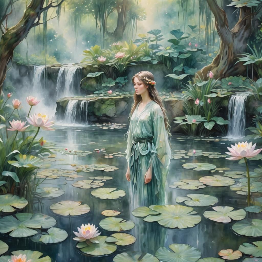 Dreamy Naiades in Lush Waterfall, Impressionistic Style
