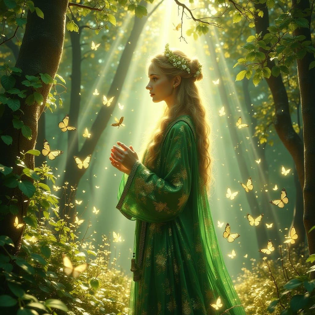 Slavic Goddess Zhyva of Spring in Sunlit Forest