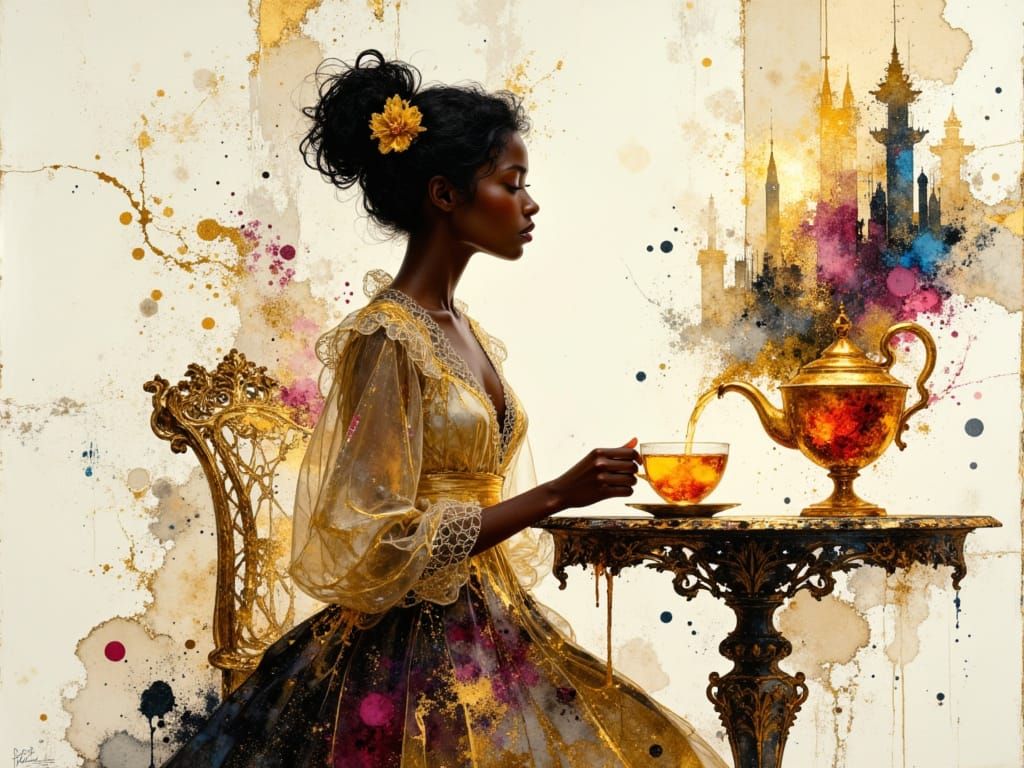Victorian Woman Pours Tea Transforming into Cityscape