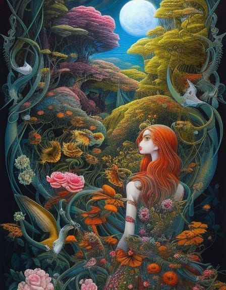 Fairytale Girl with Dogs: Magic Realism Vector Art