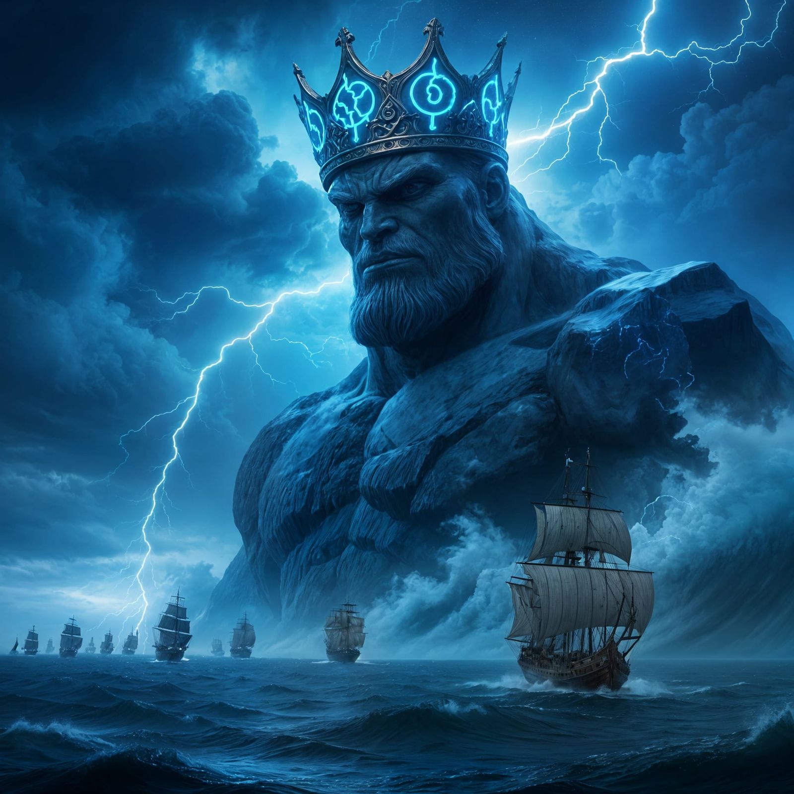 Colossal Sapphire Titan Emerges From Stormy Ocean