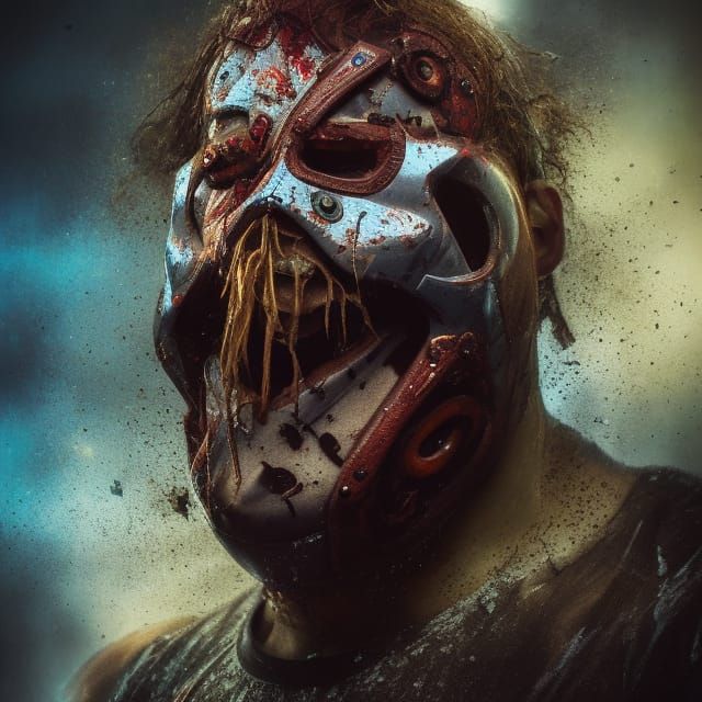 pro wrestler masked decay  Hyperrealistic, splash art, concept art, mid shot, intricately detailed, color depth, dramati...