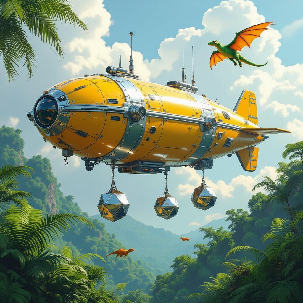 Airship Dodecahedrons and Dinosaurs in Sci-Fi Style
