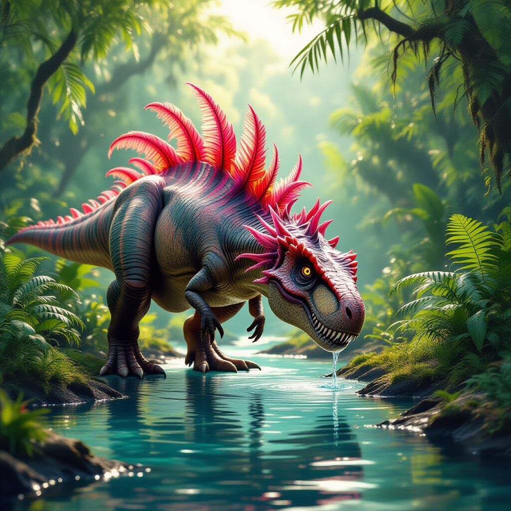 Axolotl T-Rex Drinks Water in Prehistoric Jungle