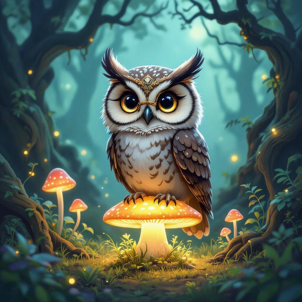 Whimsical Owl with Baroque Monocle on Glowing Mushroom