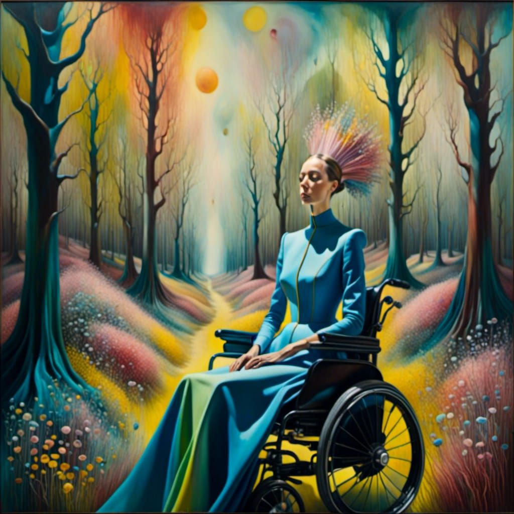 Ethereal Portrait of Woman in Wheelchair, Dreamlike Forest