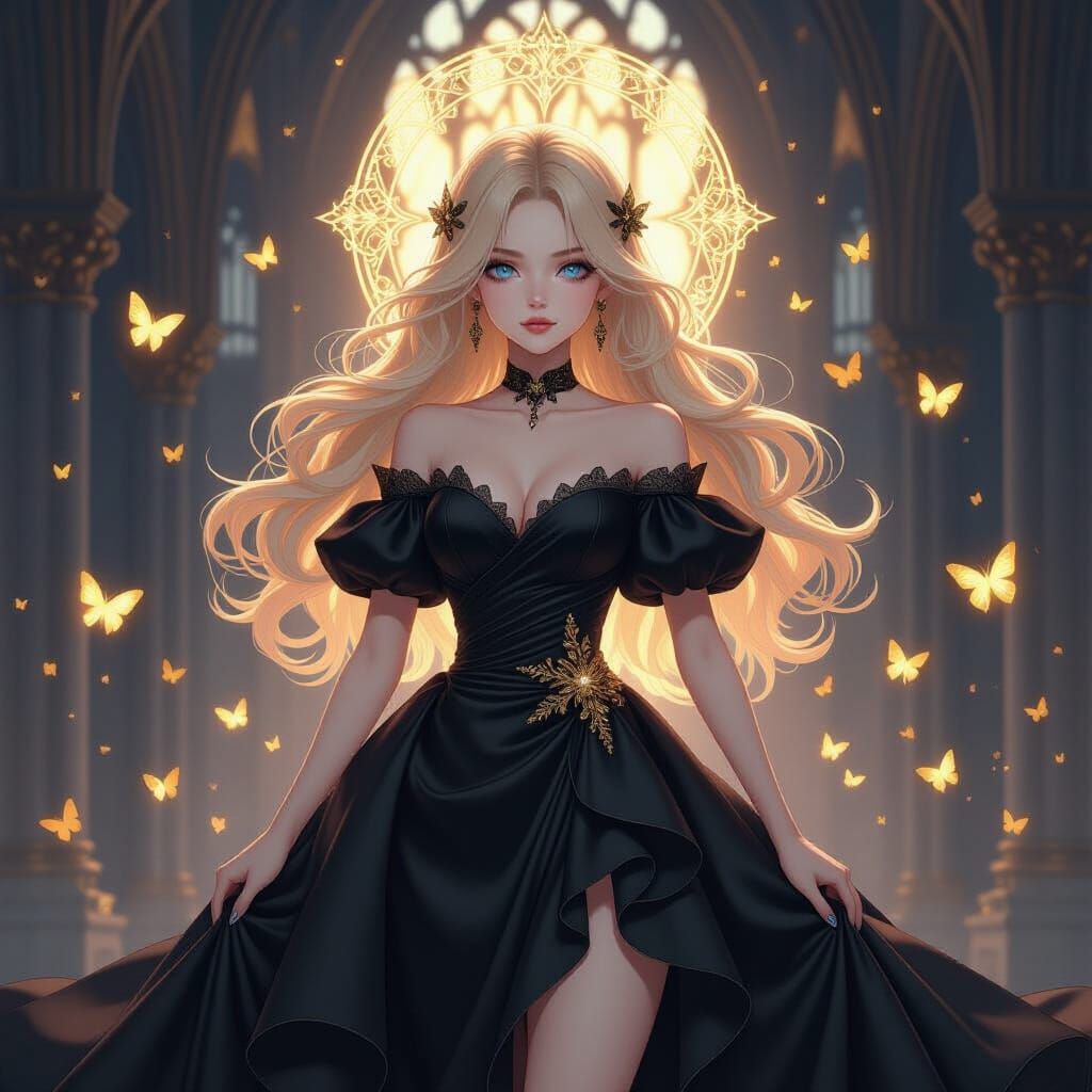 Anime Woman in Gothic Cathedral with Butterflies