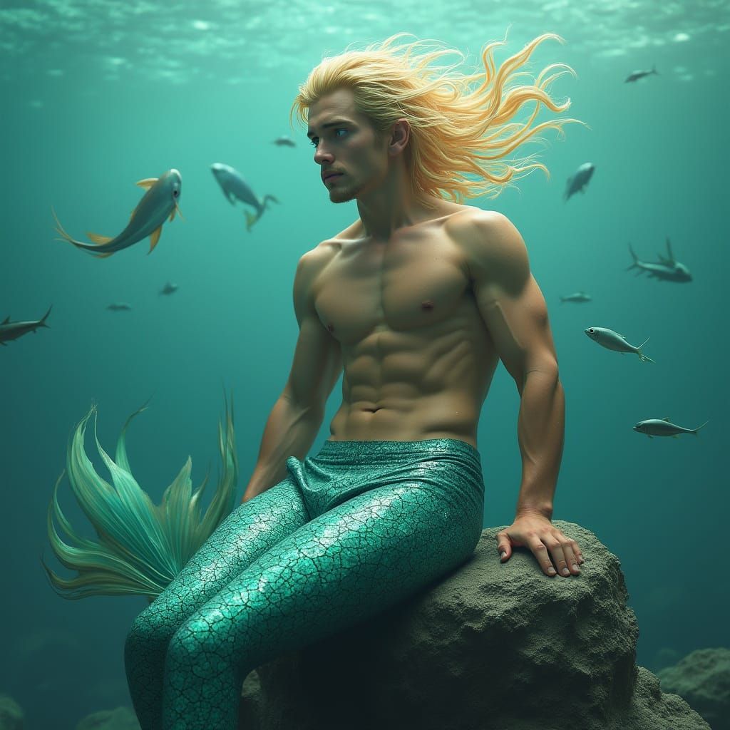 Chiseled Merman in Cyberpunk Landscape