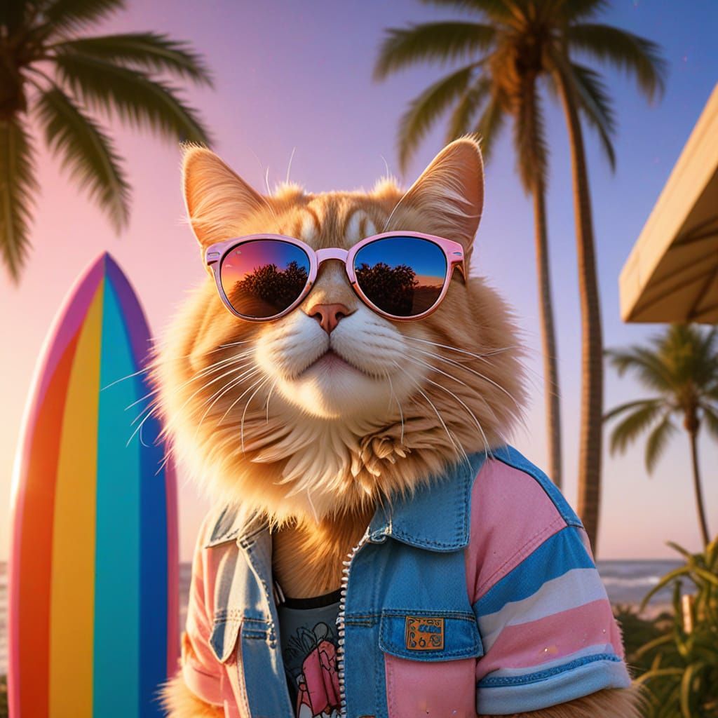 Vibrant California Girl Cat in Sunglasses Smirks with Surfbo...