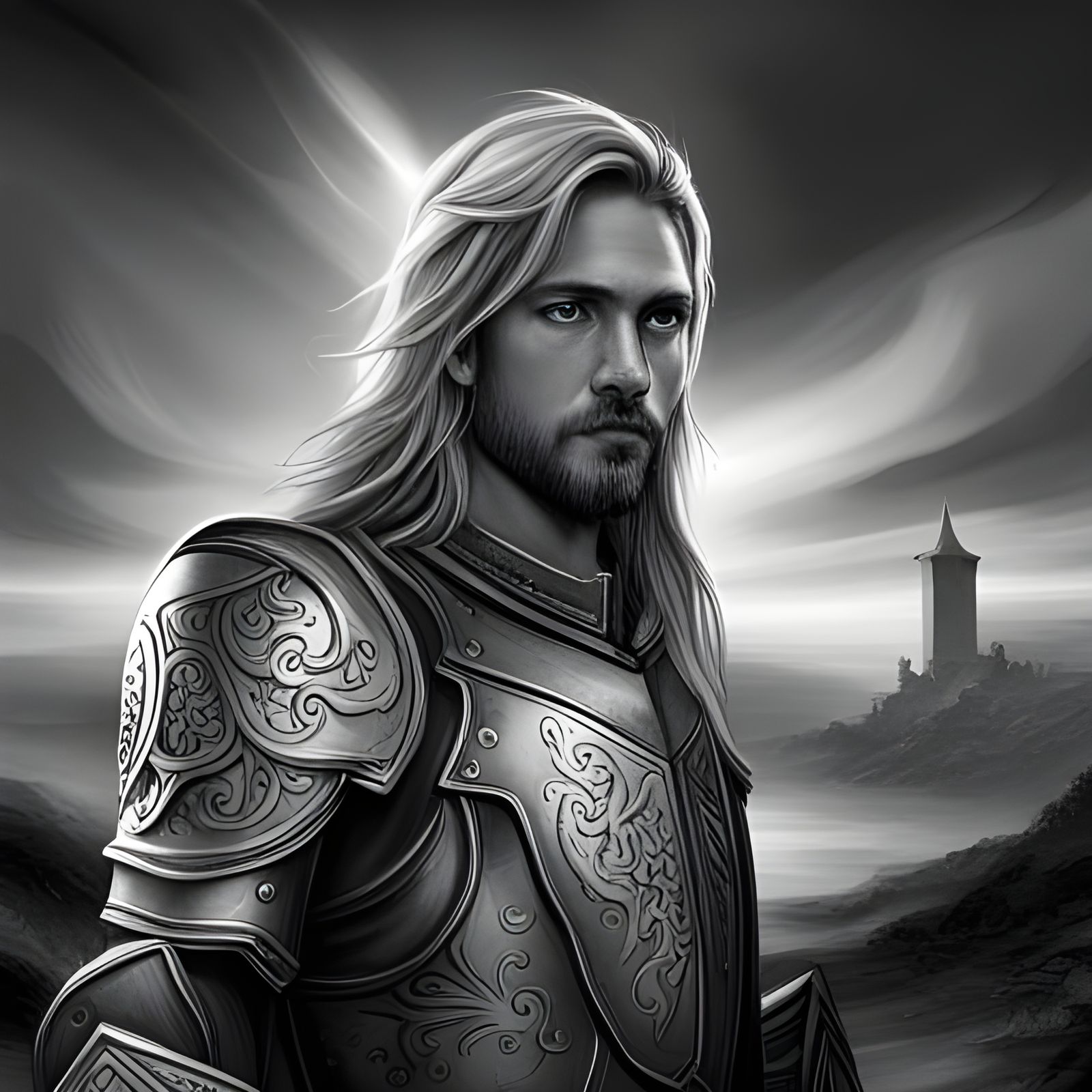 Grayscale Knight Coloring Page with Medieval Castle