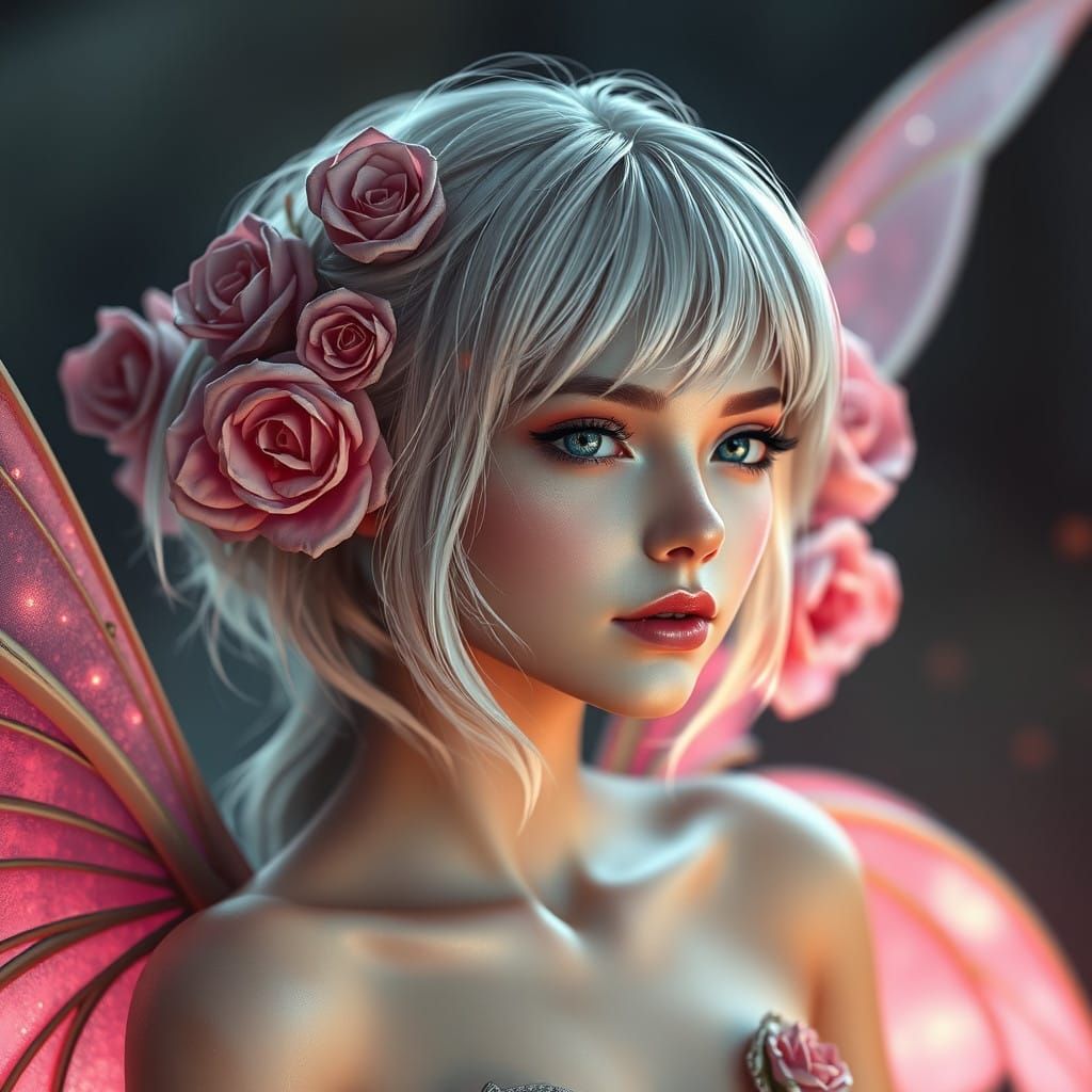 Mystical Fairy with Radiant Roses in Her Silver Locks