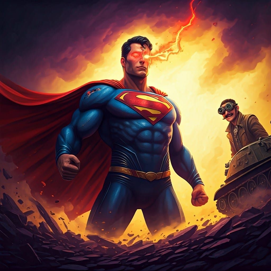 Giant Superman Smashes Tank in Dark Fantasy Art