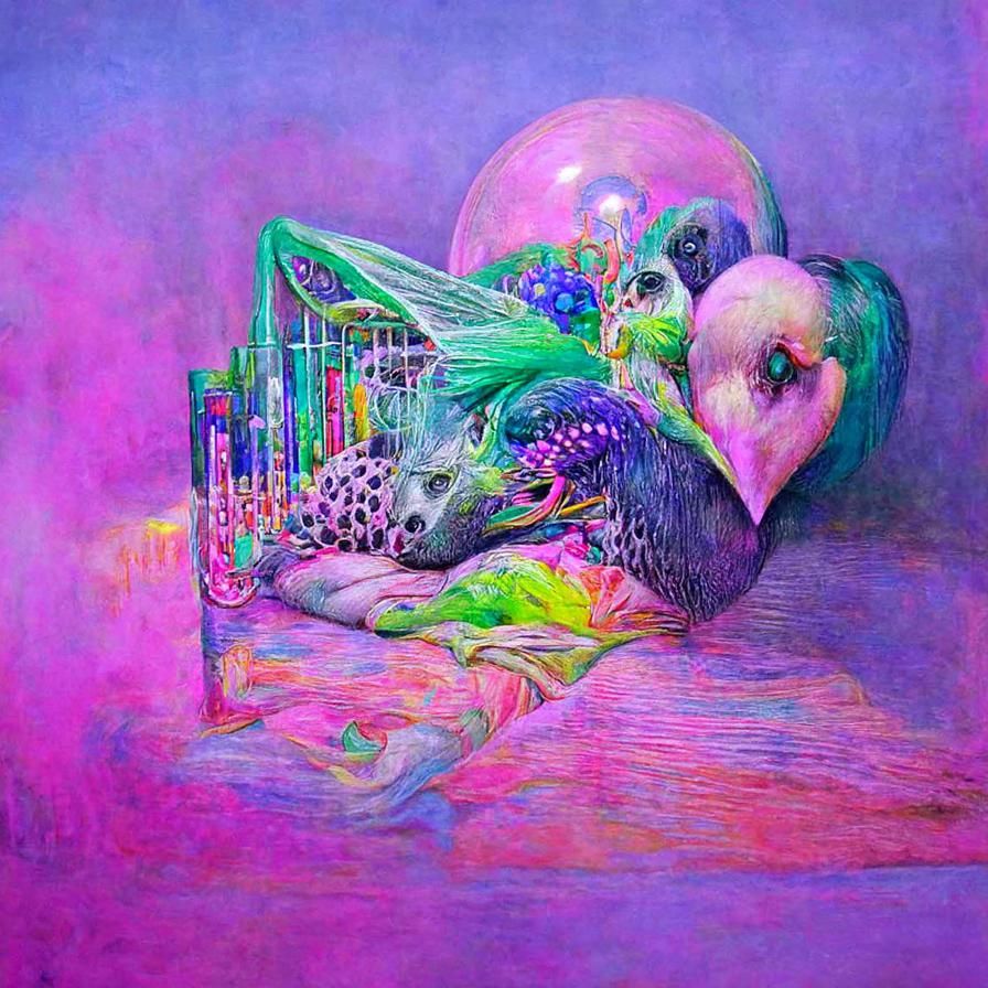 Sparkling Anatomical Heart Bird in Gilded Cage