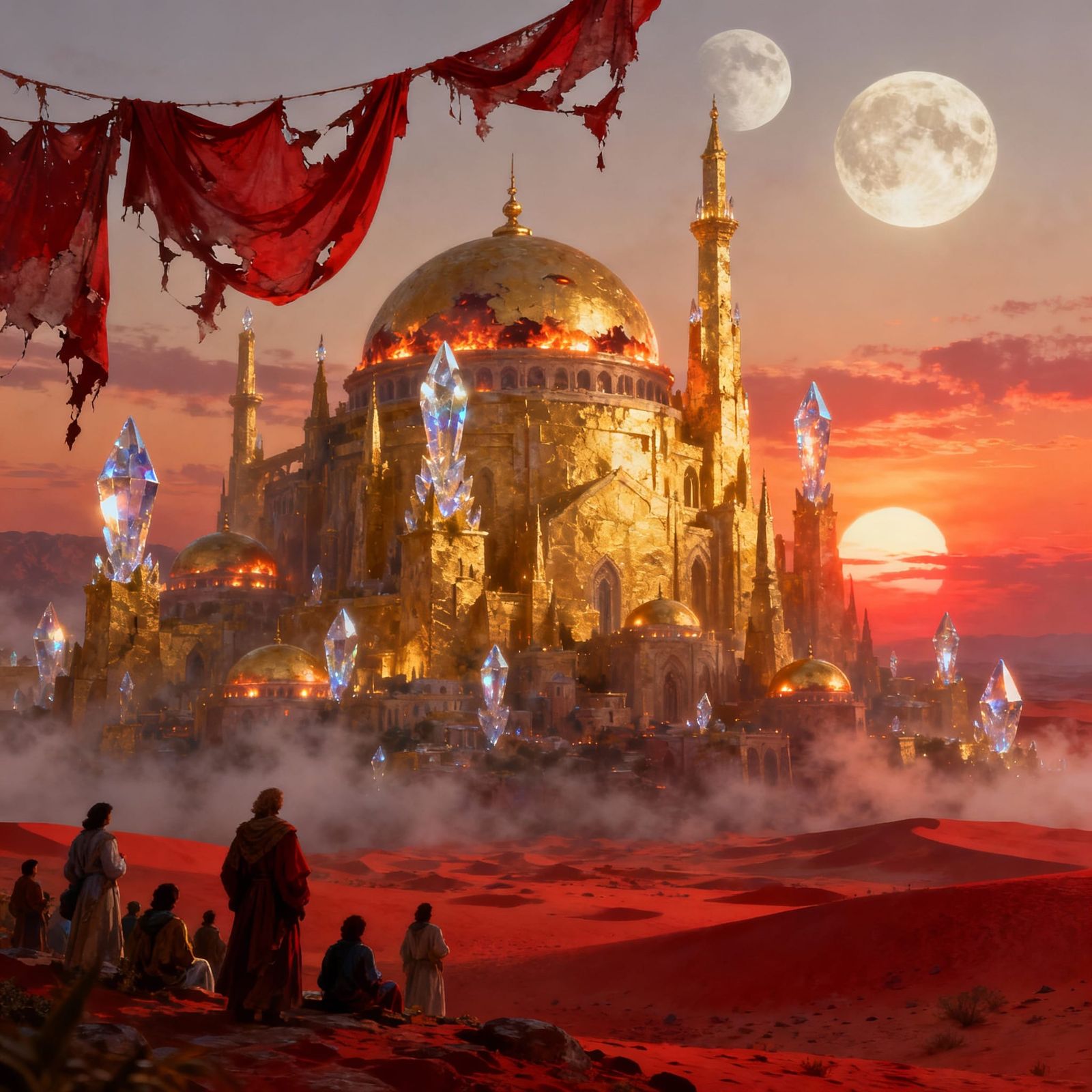 Golden City Metropolis Rises Under Twin Moons