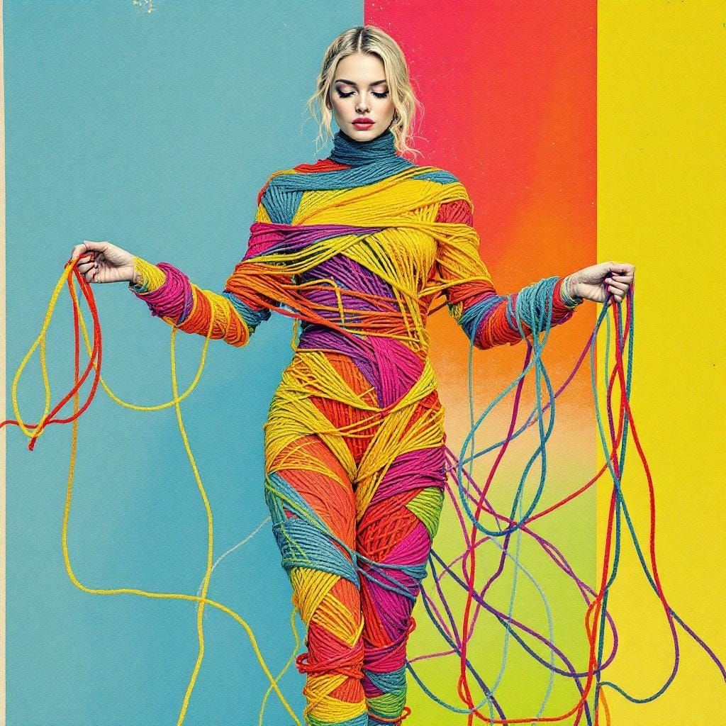 Woman Knitted from Yarn in Graphic Modernist Style