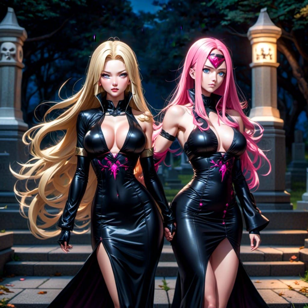 Female Necromancers in Graveyard at Night