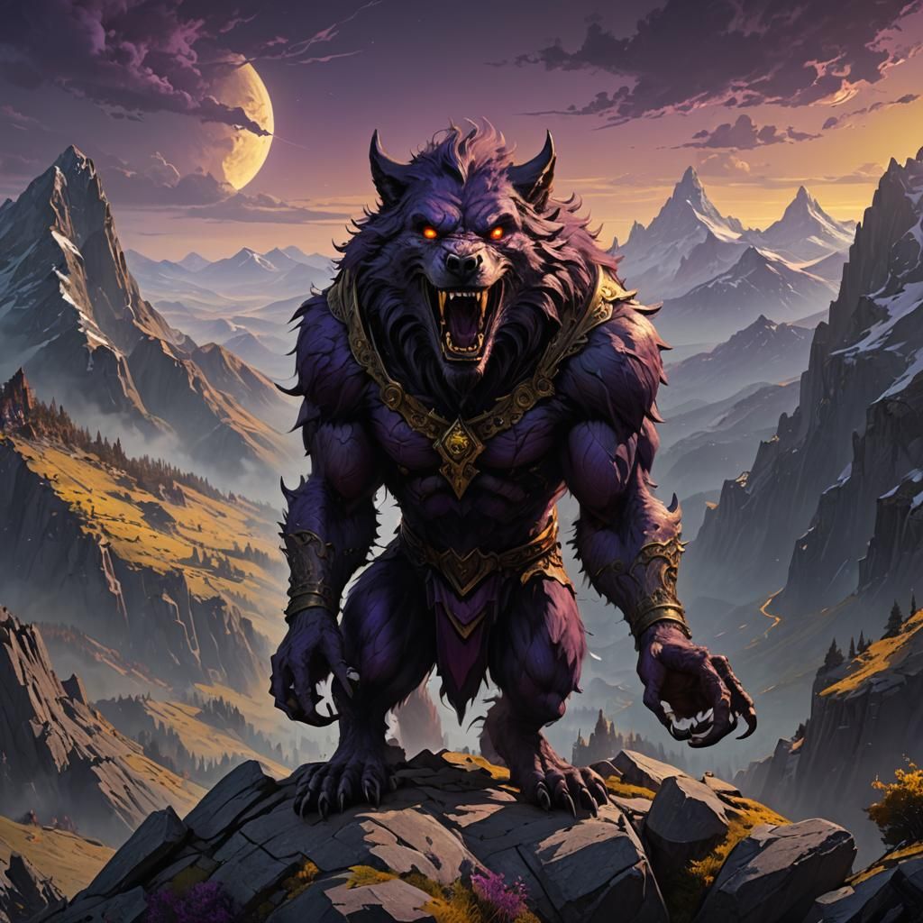 A werewolf hollering at the top of a mountain