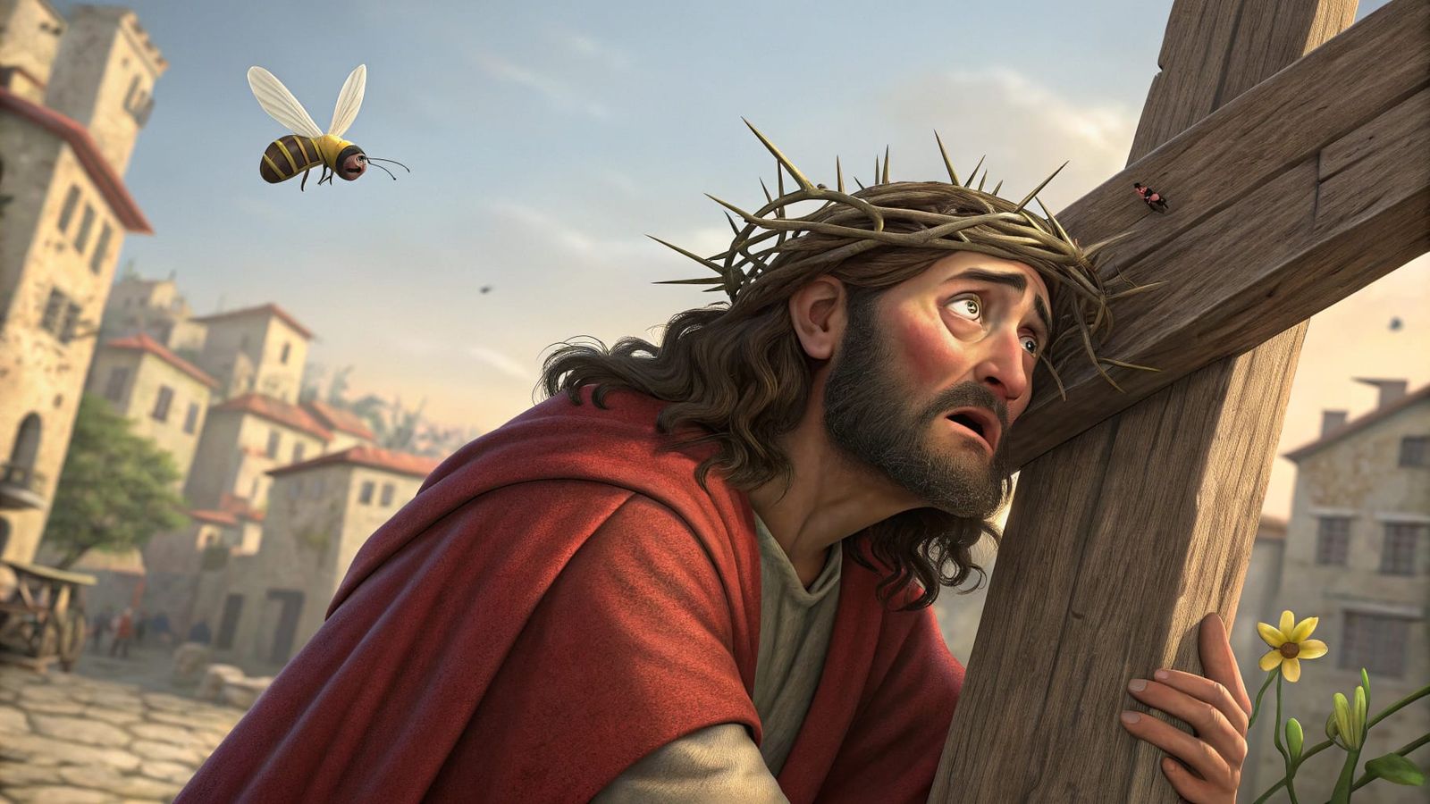 Disney-Style Jesus Carries the Cross in a Haunting Mediterra...