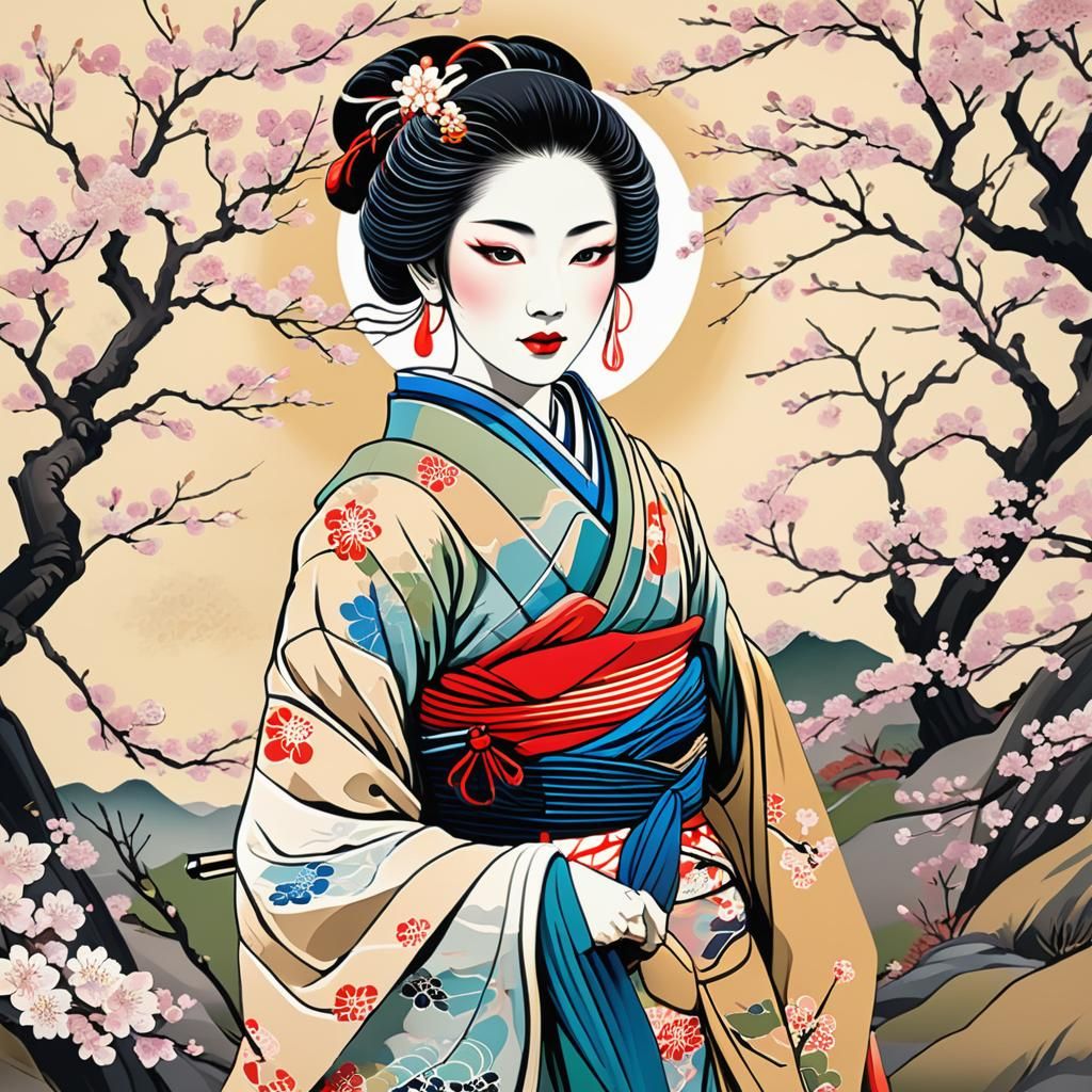 Geisha in Cherry Blossom Garden, Ukiyo-e Style