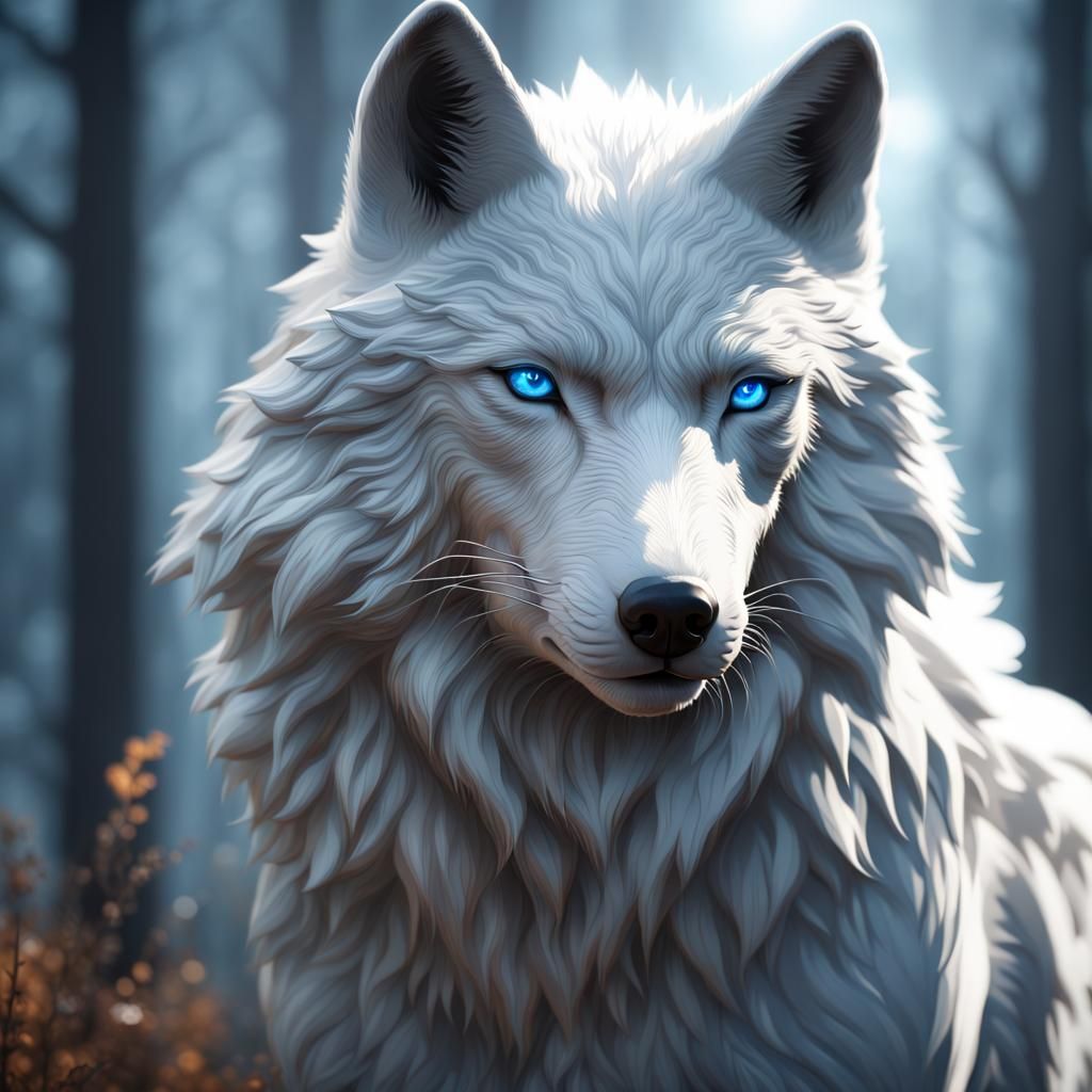 Hyperrealistic White Wolf with Blue Eyes