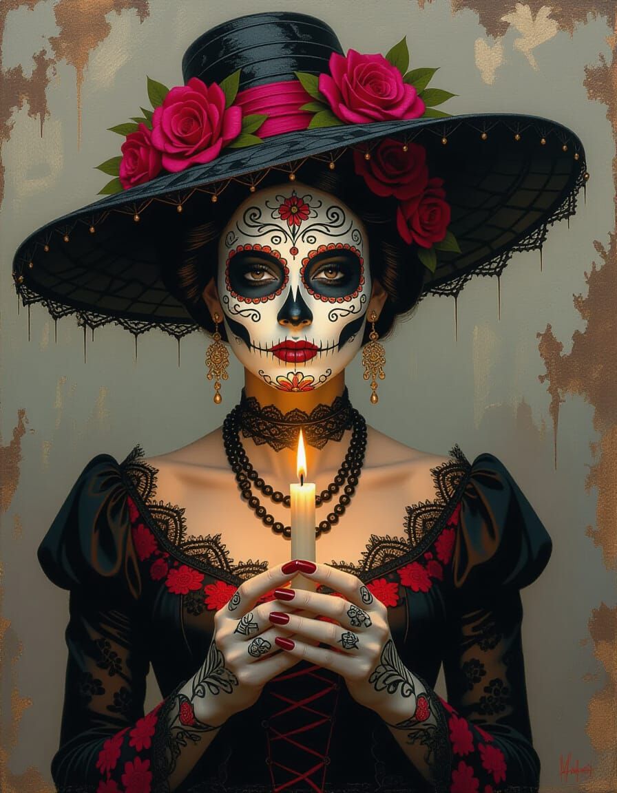 Elegant Decaying Catrina Holds Burning Candle in Oil Paintin...
