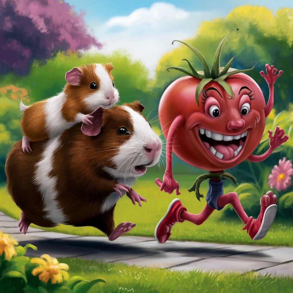 Guinea Pigs Chase Running Tomato in Whimsical Garden
