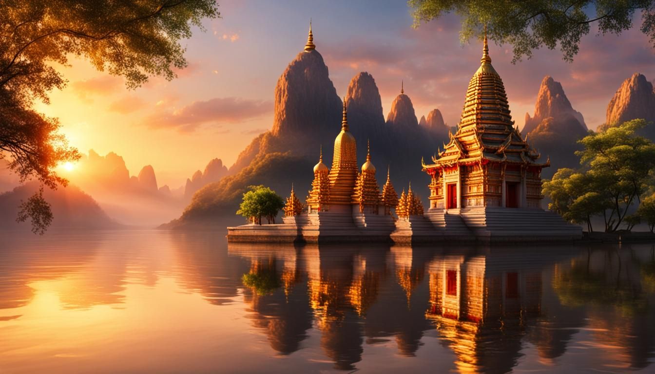 Riverside Temple at Sunset