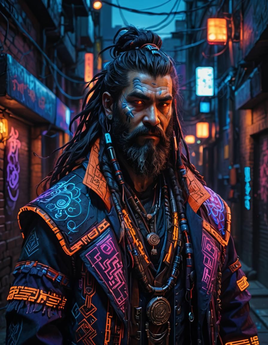 Cyberpunk Dwarf Shaman Portrait in Neon Alleyway