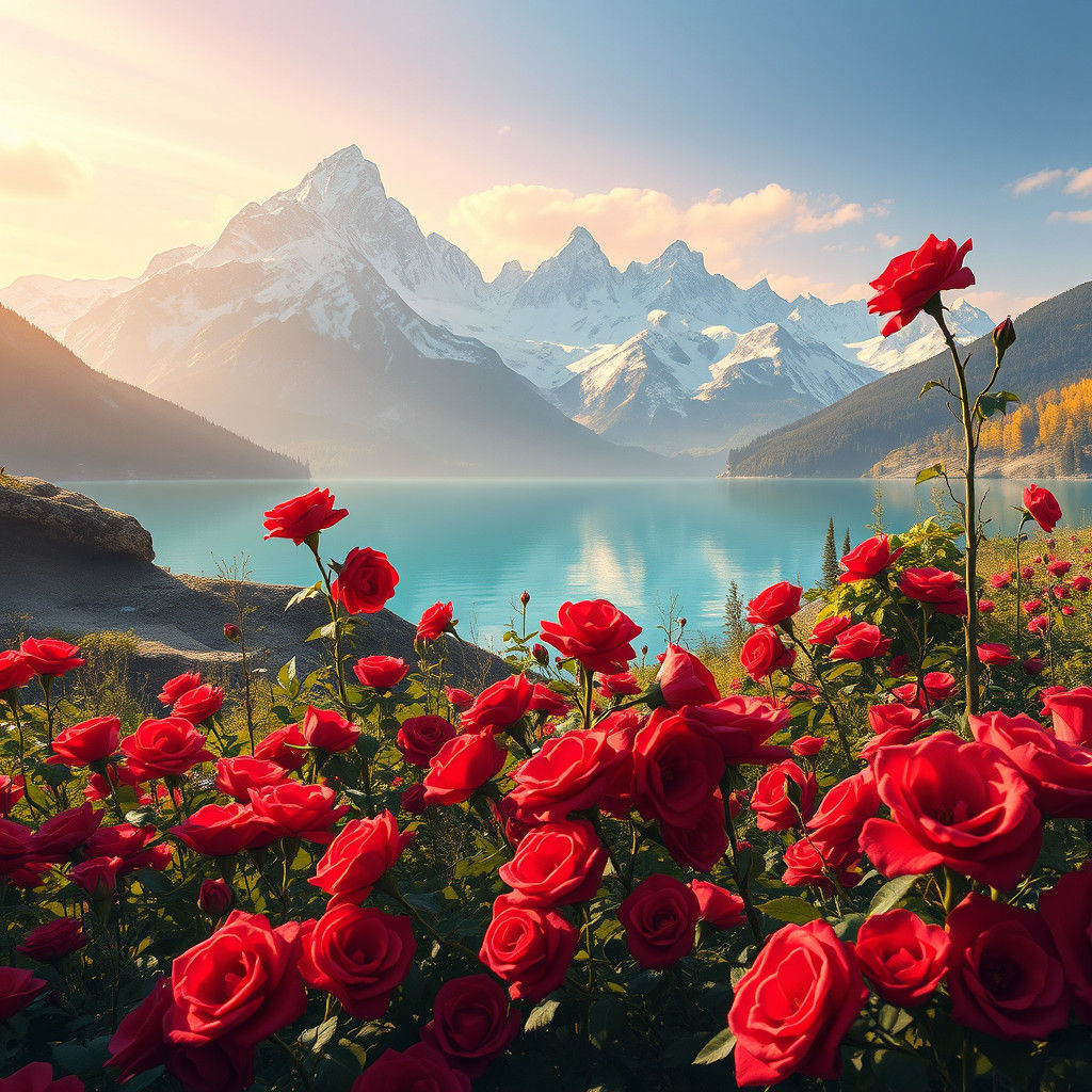 Lush Meadow of Red Roses with Mountain Backdrop
