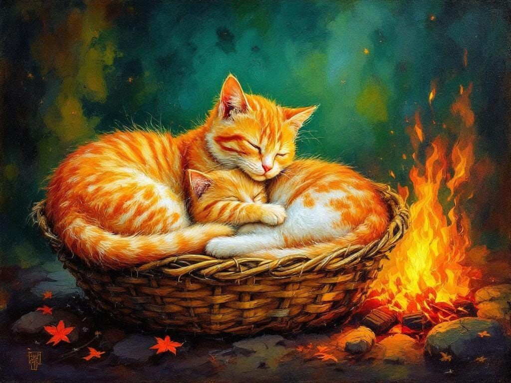 Cats Sleeping by Fire: Impasto Oil Painting