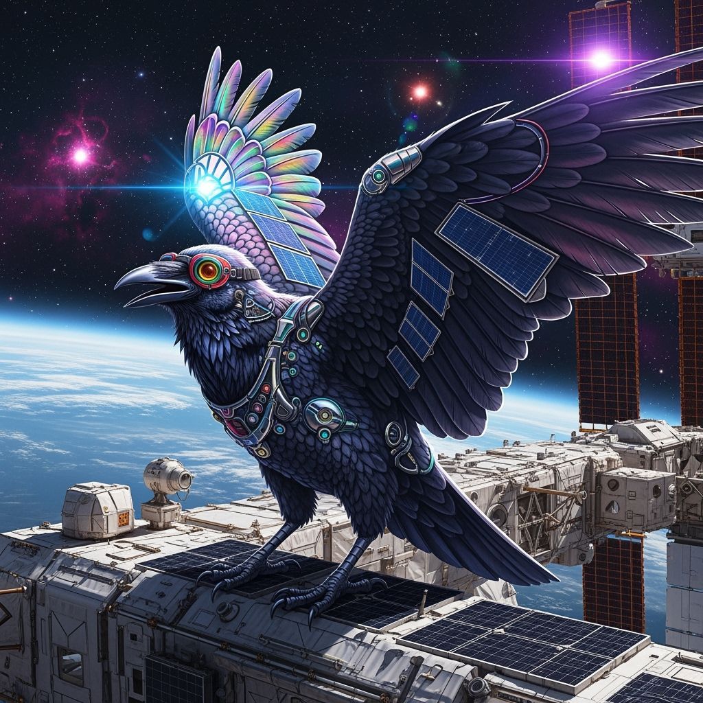 Cyberpunk Cyborg Raven Soaring Above Earth