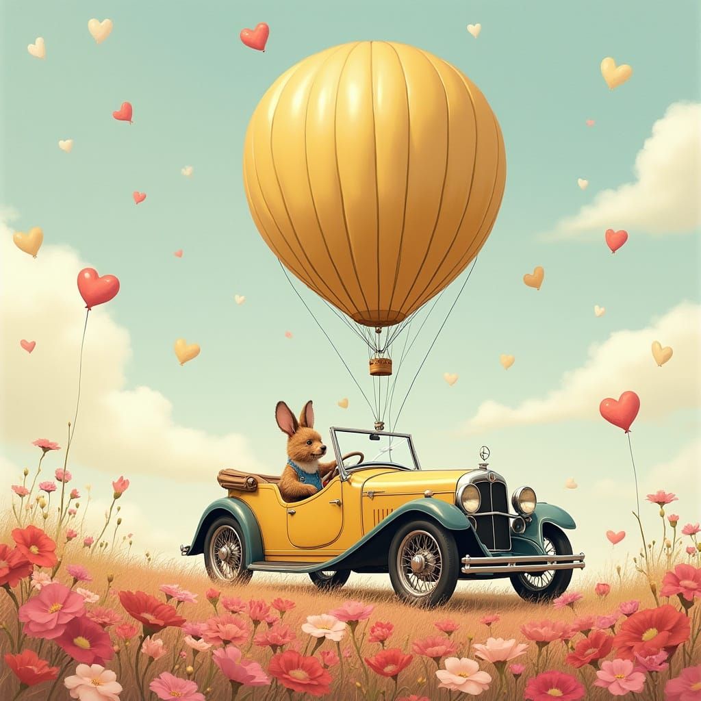 Golden Balloon Floats Oldtimer Over Heart Meadow