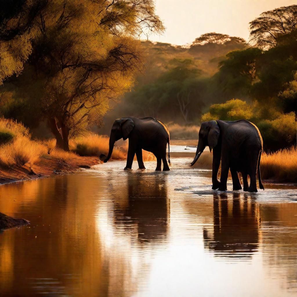 Elephants and Antelopes Crossing River in Golden Light
